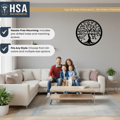 Metal Tree of Life Sign - Personalized Family Name Wall Art - HouseSensationsArt