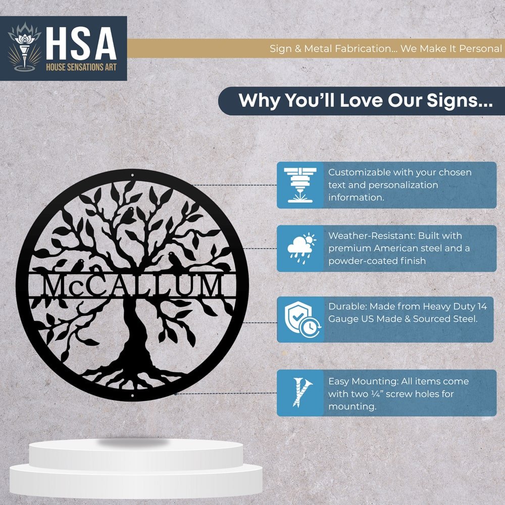 Metal Tree of Life Sign - Personalized Family Name Wall Art - HouseSensationsArt