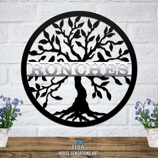 Metal Two Color Tree of life w/ Name Art - Personalized Family Name Sign - Monogram Metal Wall Art - Custom Last Name Sign Wedding Gift - Home Decor Outdoor Metal Sign - HouseSensationsArt