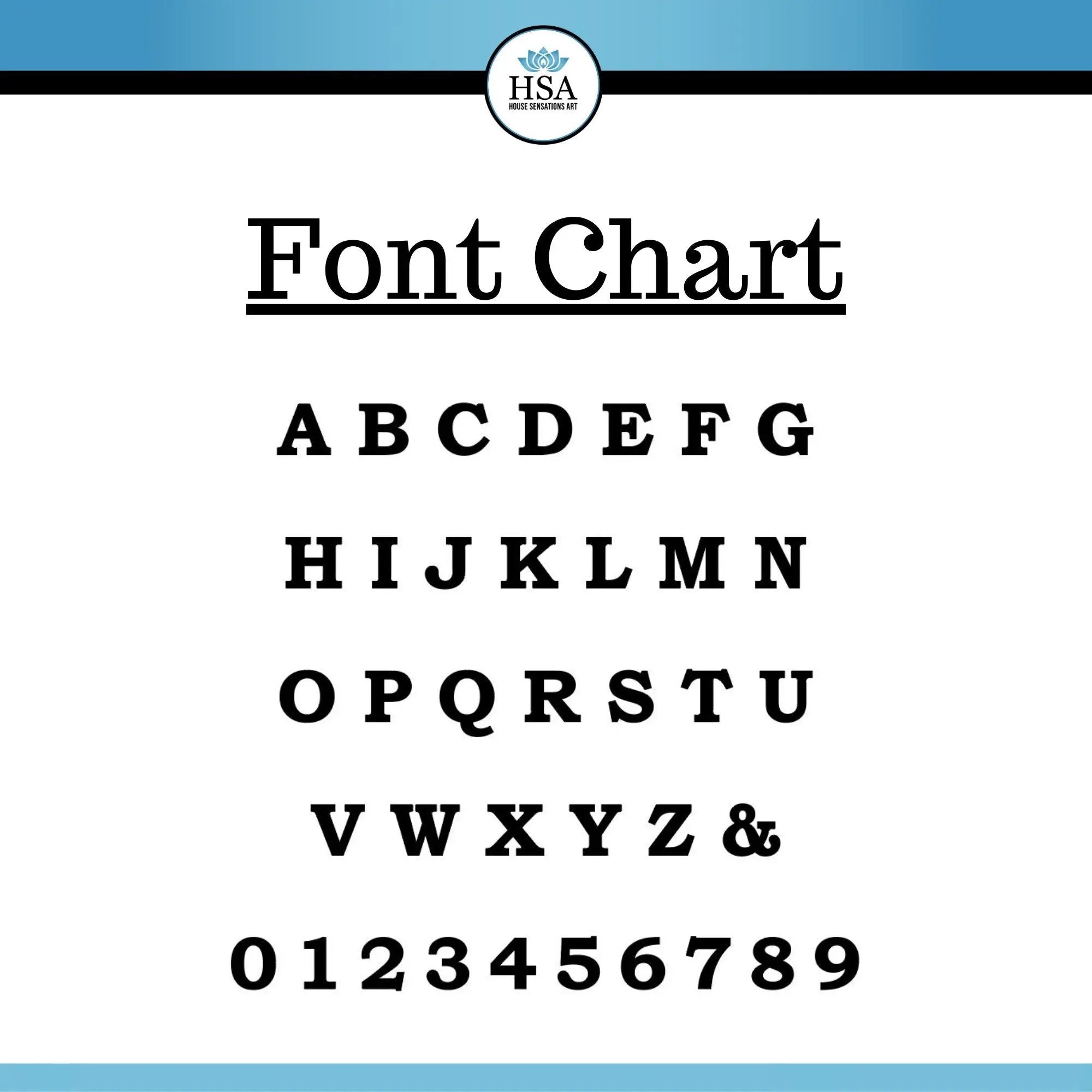 Font chart displaying alphabet letters and numbers on a white background with blue borders, ideal for custom metal house numbers, address signs, and personalized signage