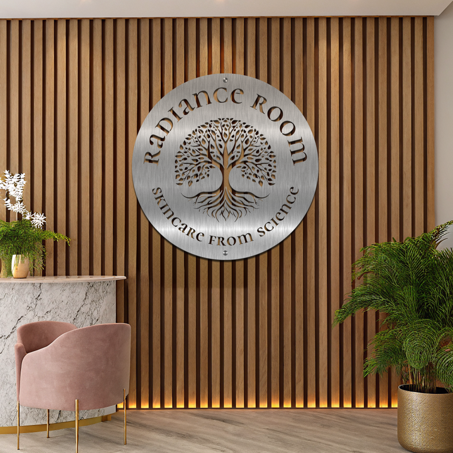 Modern custom brushed aluminum logo sign suitable for wall mounting in indoor and outdoor settings.
