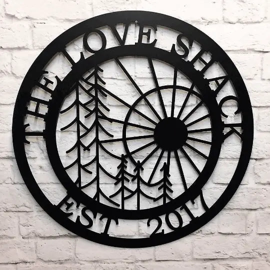 Custom modern tree and sun design – family name metal sign for minimalist home decor or wedding gift