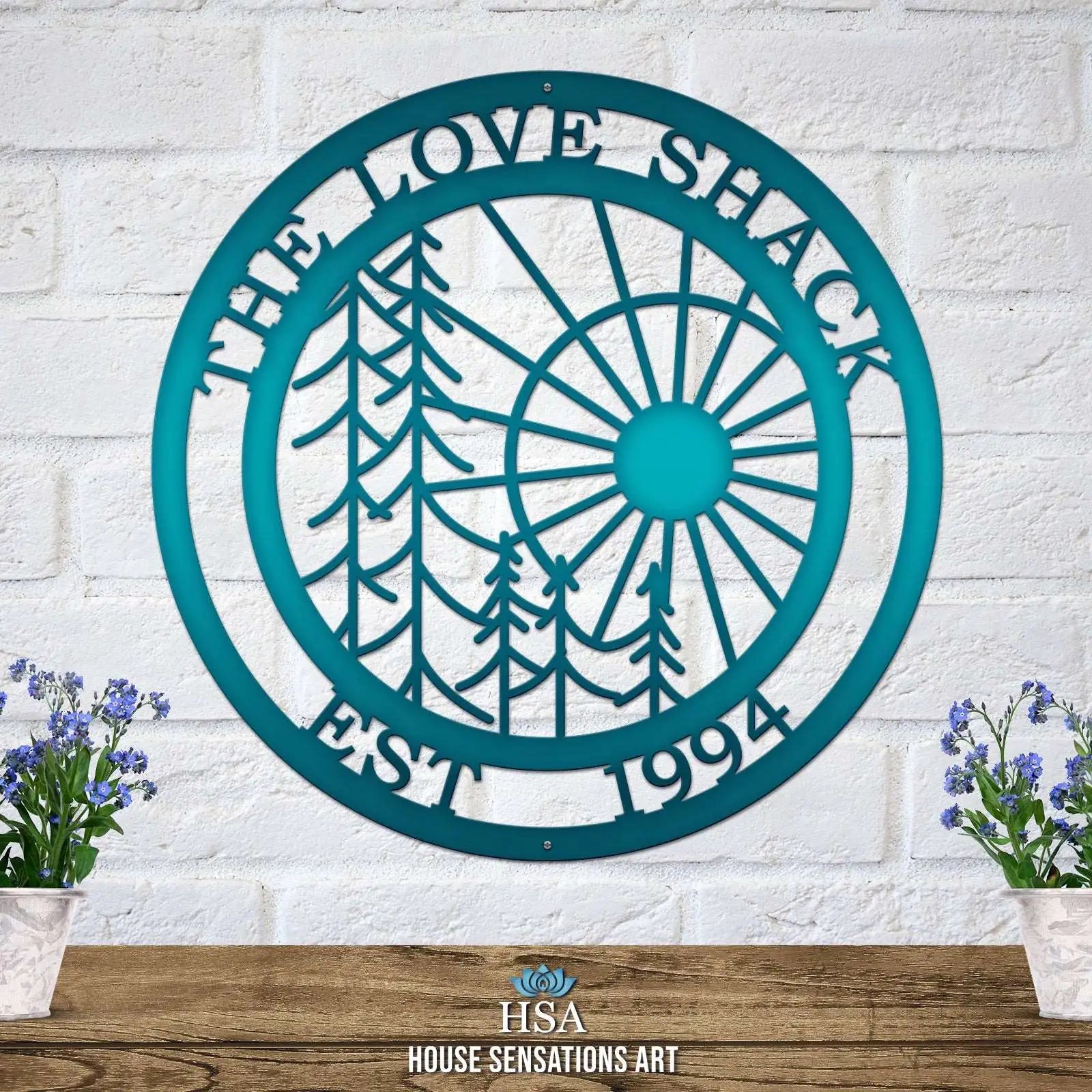 Modern tree and sun metal sign – personalized family name monogram for contemporary outdoor or indoor decor