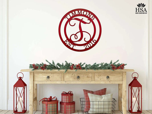 Monogram family name sign – personalized metal wall art for home decor, weddings, or housewarming gift