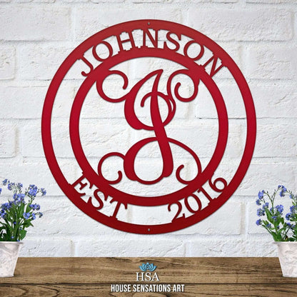 Monogram Family Name Sign - 6th Anniversary Gift - Personalized Family Name Sign - Monogram Metal Wall Art - Custom Last Name Sign Wedding Gift - Home Decor Outdoor Metal Sign - HouseSensationsArt