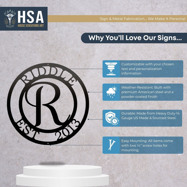 Monogram Metal Sign – Custom Family Name Wall Decor - HouseSensationsArt