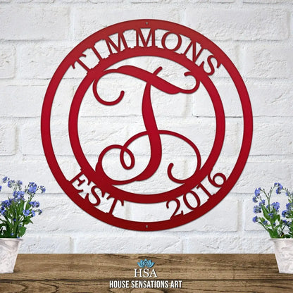 Monogram metal sign with custom family name for personalized wall decor