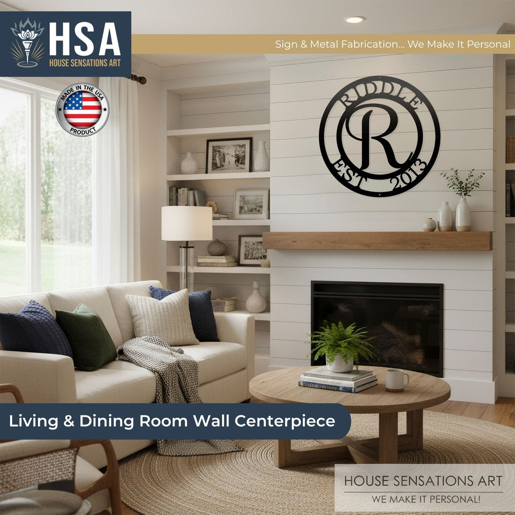 Living room showcasing personalized monogram metal wall décor with large letter “R” and “Riddle EST 2013,” ideal for indoor or outdoor home décor, custom family name sign by House Sensations Art.