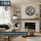 Living room showcasing personalized monogram metal wall décor with large letter “R” and “Riddle EST 2013,” ideal for indoor or outdoor home décor, custom family name sign by House Sensations Art.