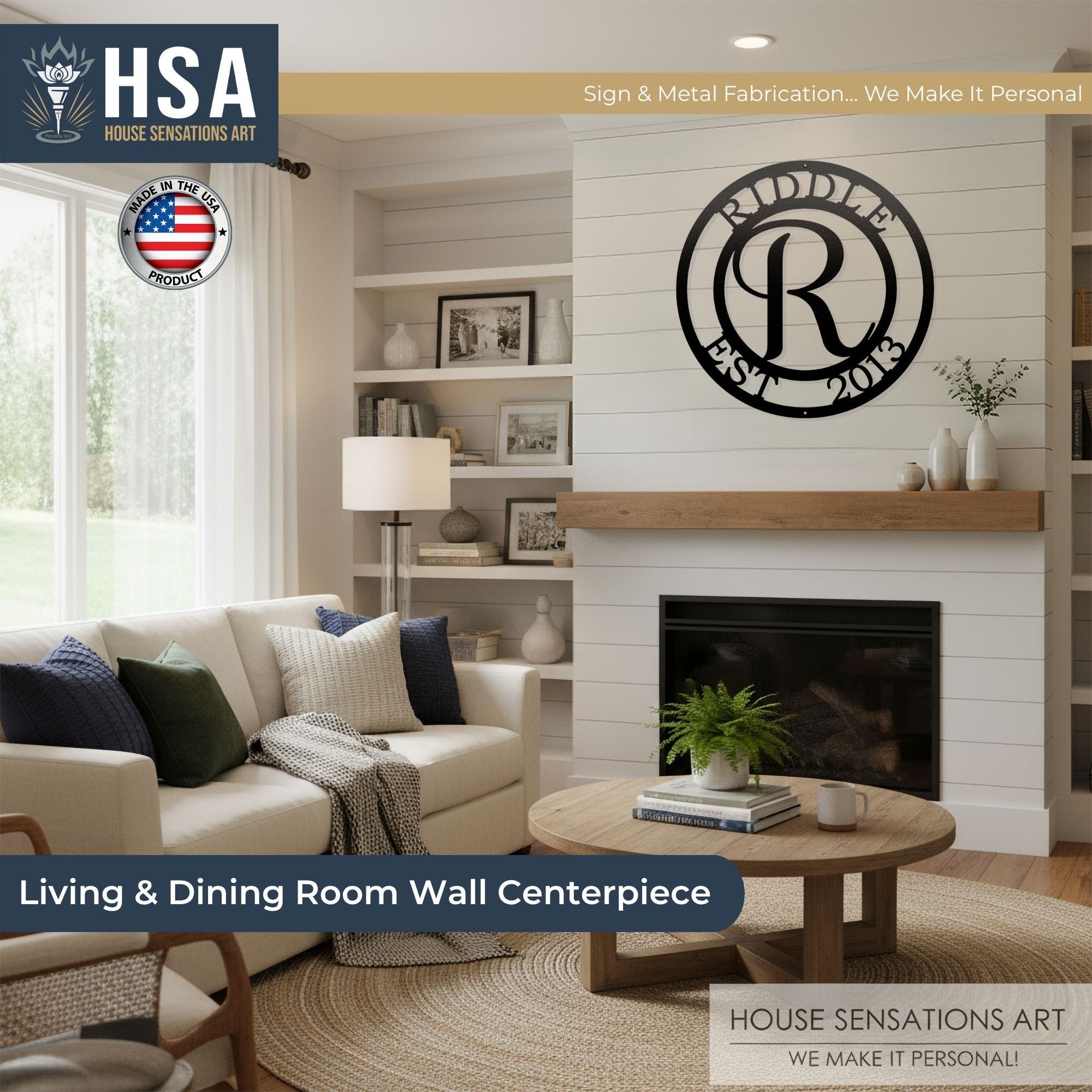 Living room showcasing personalized monogram metal wall décor with large letter “R” and “Riddle EST 2013,” ideal for indoor or outdoor home décor, custom family name sign by House Sensations Art.