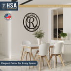 Dining area showcasing personalized monogram metal wall décor with family initial, featuring HSA House Sensations Art branding, ideal for indoor or outdoor home décor and custom family name signs.
