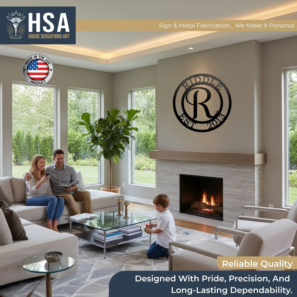 Living room scene with family, showcasing personalized monogram metal wall décor with family initial, featuring HSA House Sensations Art branding, ideal for indoor or outdoor home décor and custom family name signs.