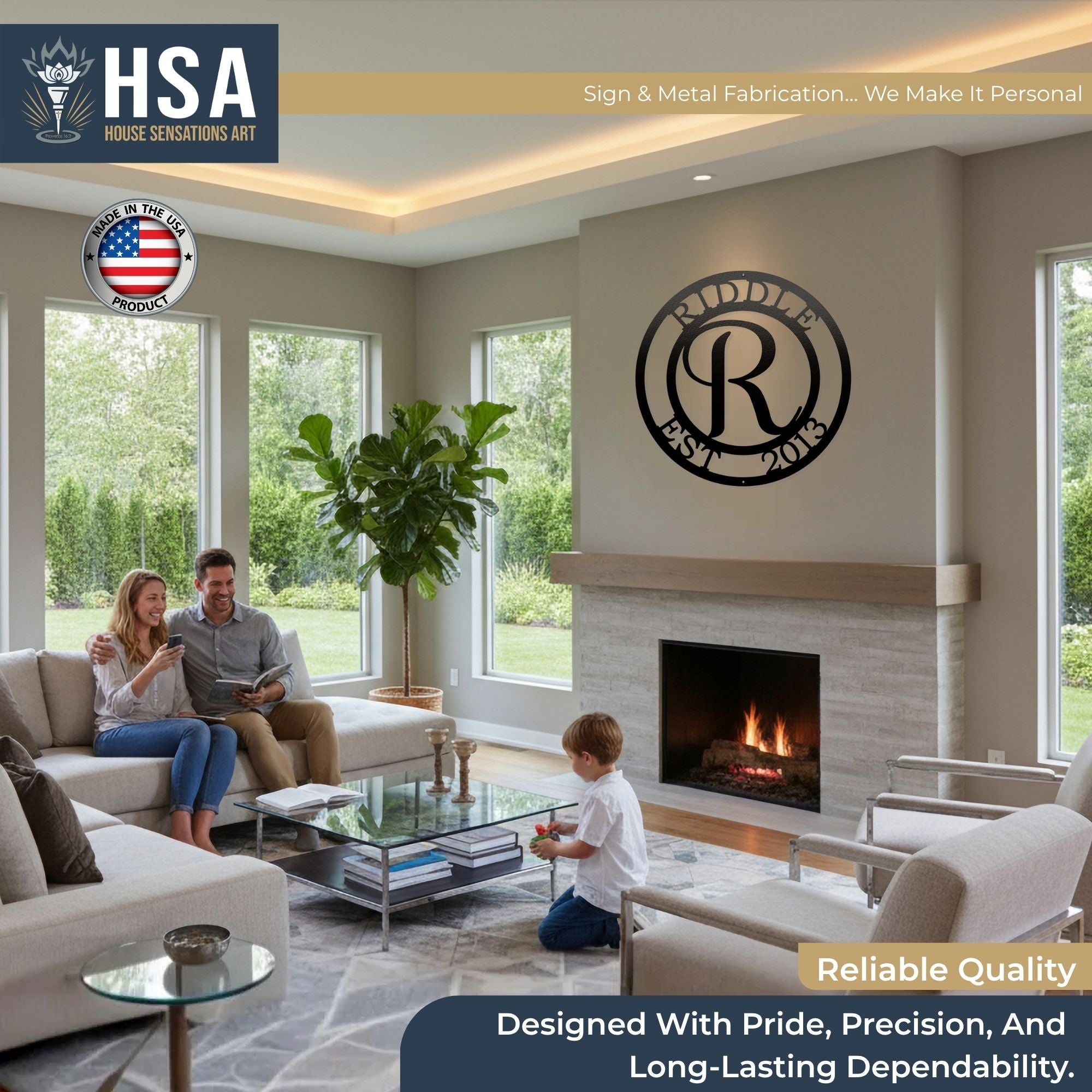 Living room scene with family, showcasing personalized monogram metal wall décor with family initial, featuring HSA House Sensations Art branding, ideal for indoor or outdoor home décor and custom family name signs.
