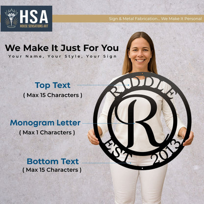 Monogram Metal Wall Decor Sign – Custom Family Name Wall Decor – Personalized Initial Art – Indoor Outdoor Plaque - TTS - HouseSensationsArt