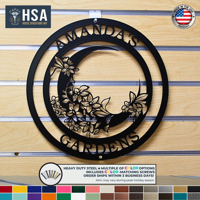 Moon Garden Custom Metal Wall Decor Sign - Personalized Floral Display - Botanical Wall Art - Elegant Home Decor - TTS - HouseSensationsArt