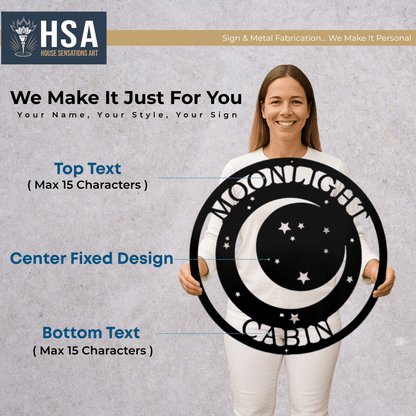 Moon & Stars Custom Metal Wall Decor Sign - Personalized Starry Night Decor - Cabin Wall Art - Family Name Sign Gift - TTS - HouseSensationsArt