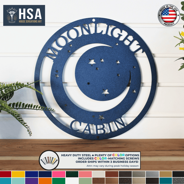 Moon & Stars Custom Metal Wall Decor Sign - Personalized Starry Night Decor - Cabin Wall Art - Family Name Sign Gift - TTS - HouseSensationsArt