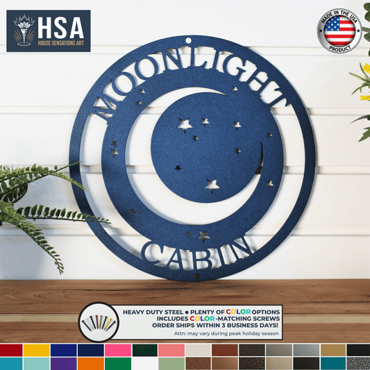 Moon & Stars Custom Metal Wall Decor Sign - Personalized Starry Night Decor - Cabin Wall Art - Family Name Sign Gift - TTS - HouseSensationsArt