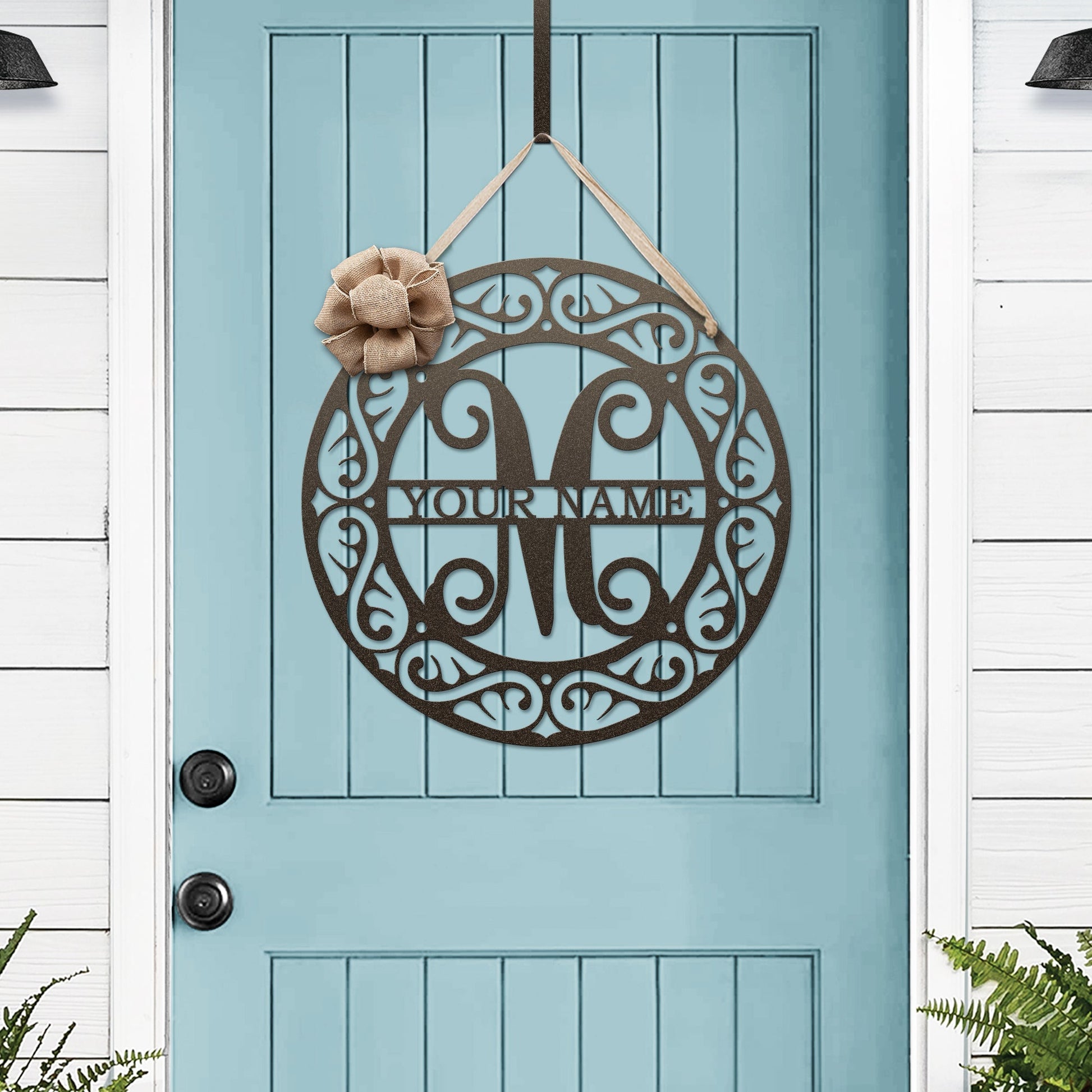 Mosaic Metal Monogram Door Hanger in oil-rubbed bronze – personalized front door wreath with custom initial.
