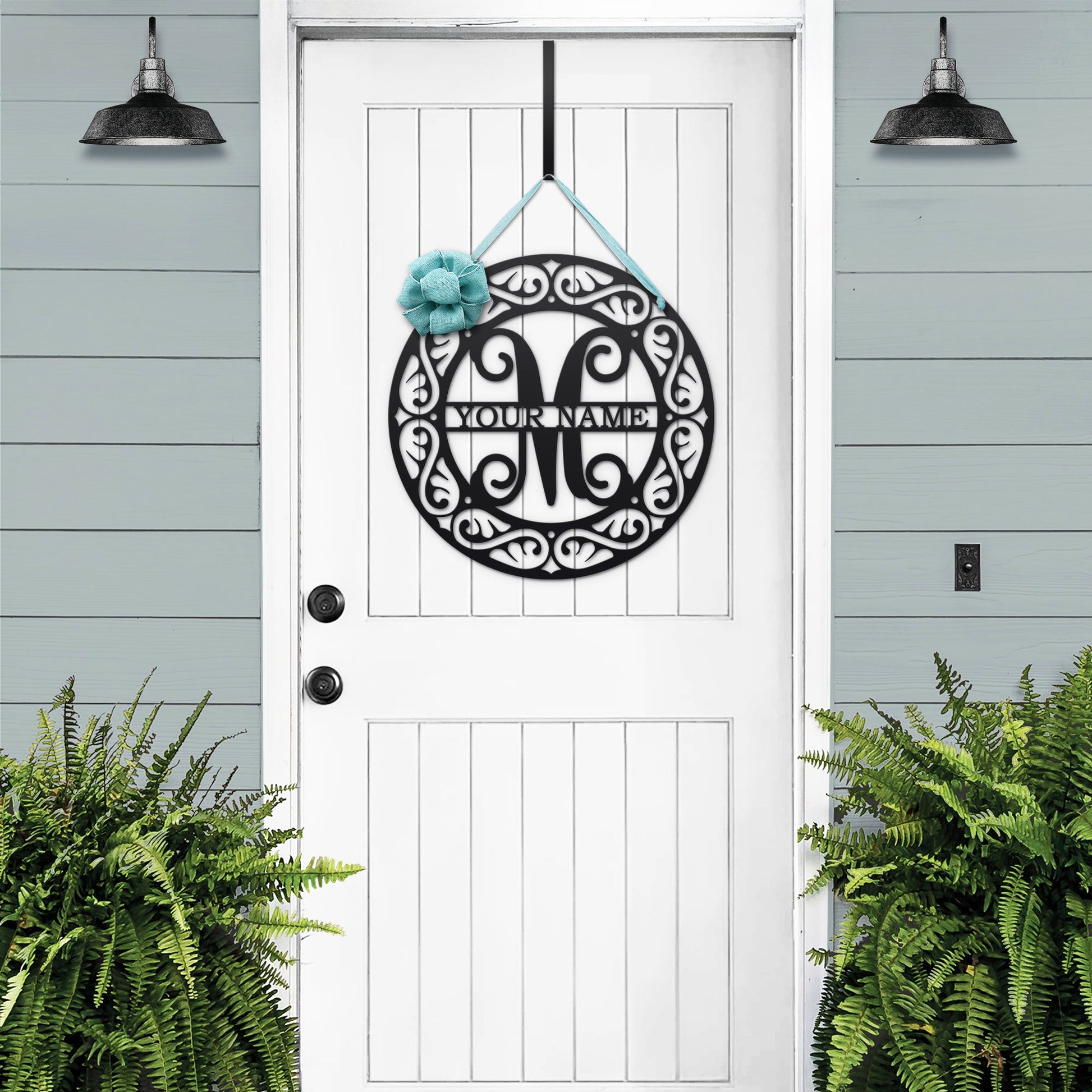 Mosaic-style monogram wreath – oil-rubbed bronze metal door hanger with personalized text and initial.