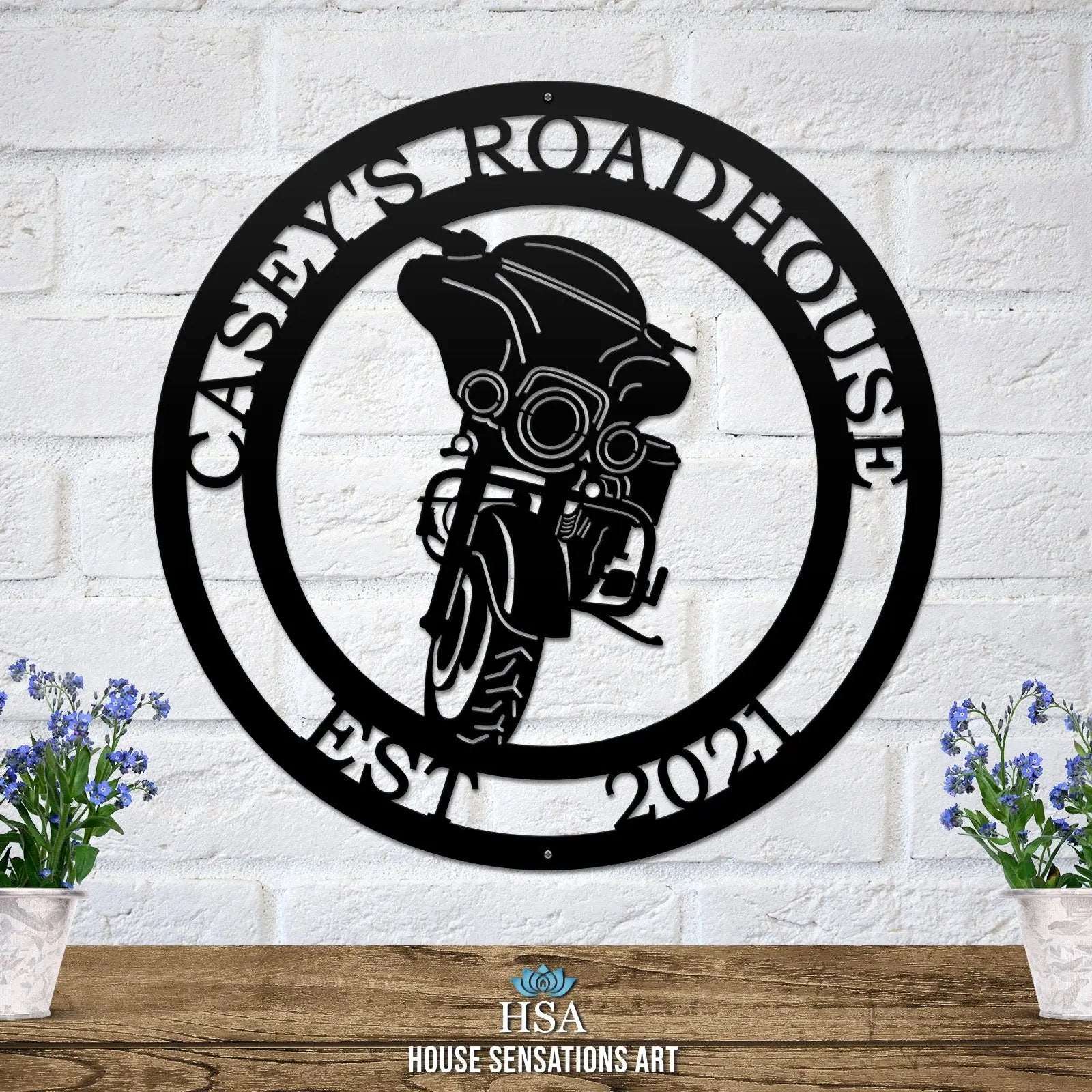 Motorcycle address metal sign – custom laser cut outdoor decor for biker home or man cave