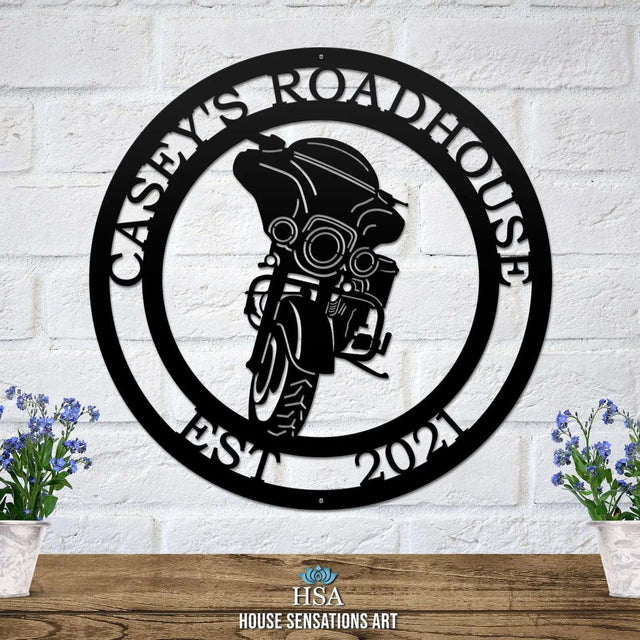 Motorcycle address metal sign – custom laser cut outdoor decor for biker home or man cave