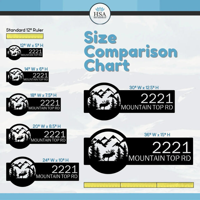 Size Comparison Chart showing address sign "2221 Mountain Top Rd" in multiple dimensions next to a standard 12" ruler.