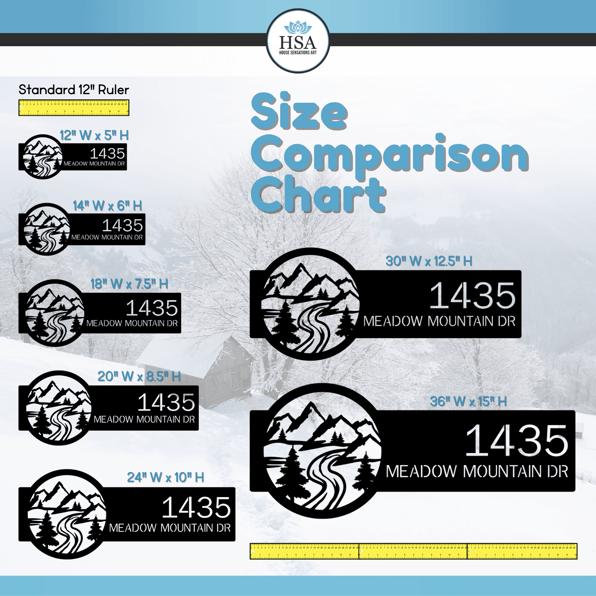 Size Comparison Chart showing address sign "1435 Meadow Mountain Dr" in multiple dimensions next to a standard 12" ruler.