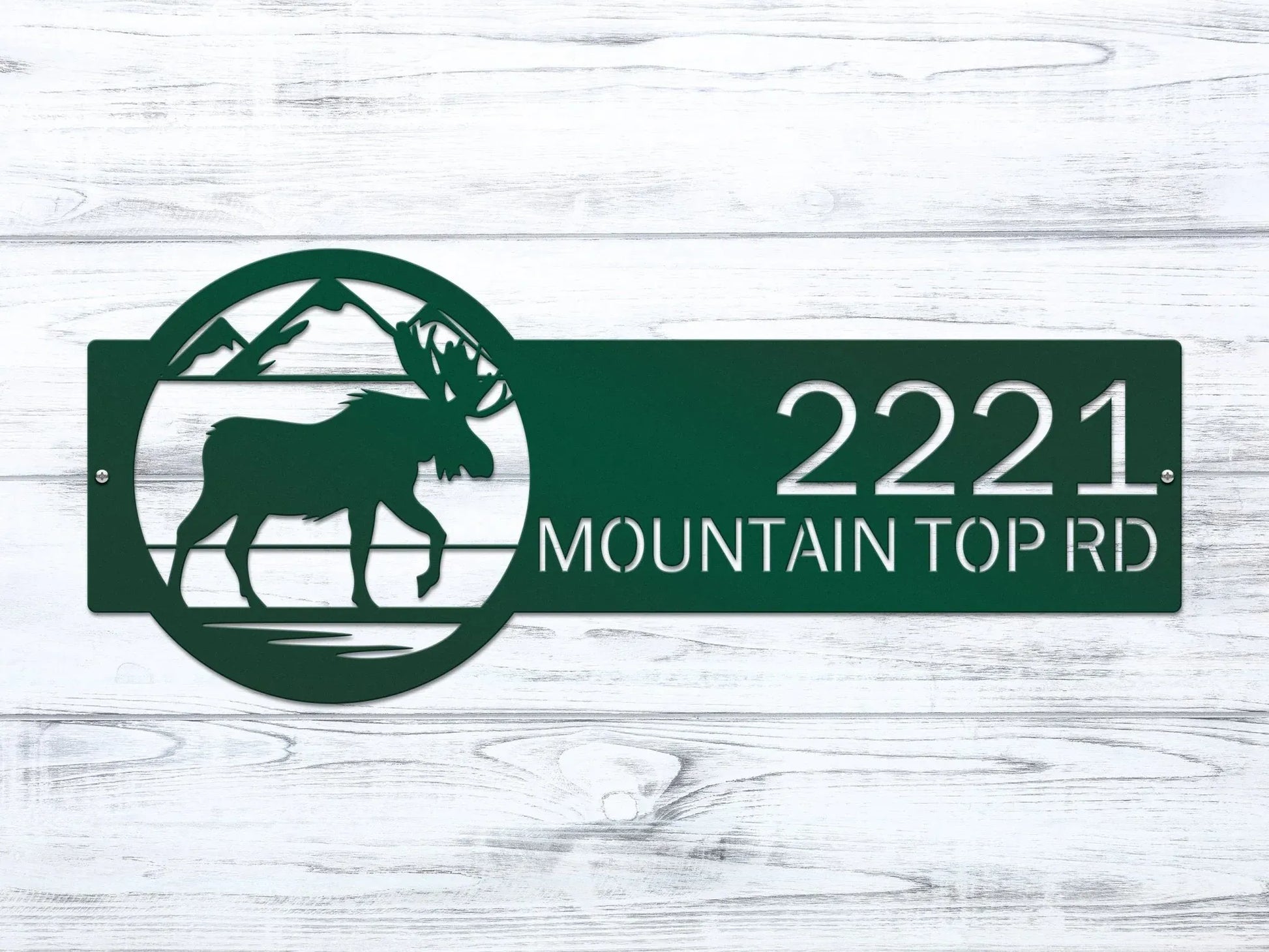 Close-up of bionic green Mountain Moose Address Sign with moose and mountain on right and house number '2221 Mountain Top Rd'.