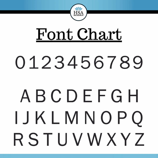 Font chart showing numbers 0–9 and letters A–Z for previewing custom text.
