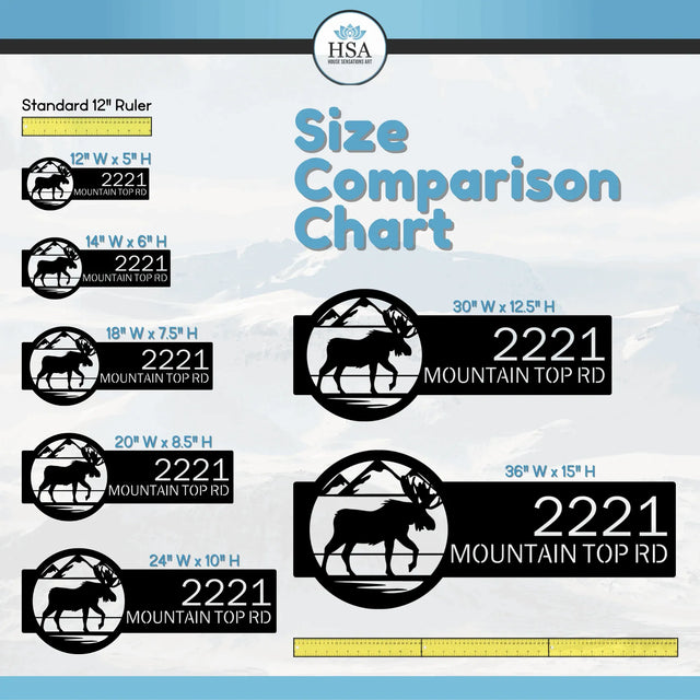 Size Comparison Chart showing address sign "186 Old Hickory Rd" in multiple dimensions next to a standard 12" ruler.