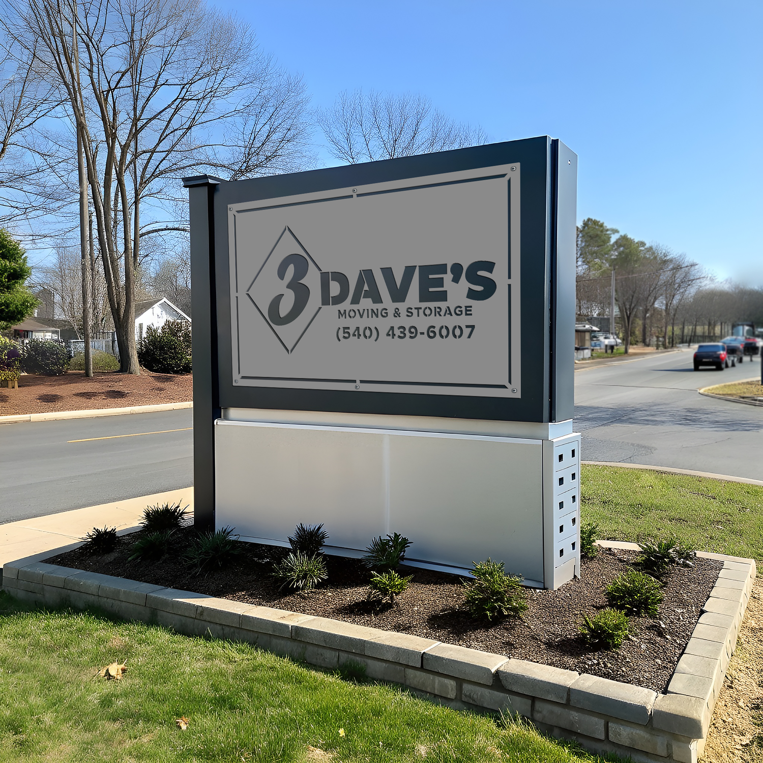 Custom monument logo sign designed for moving and storage businesses, enhancing brand visibility and professionalism.