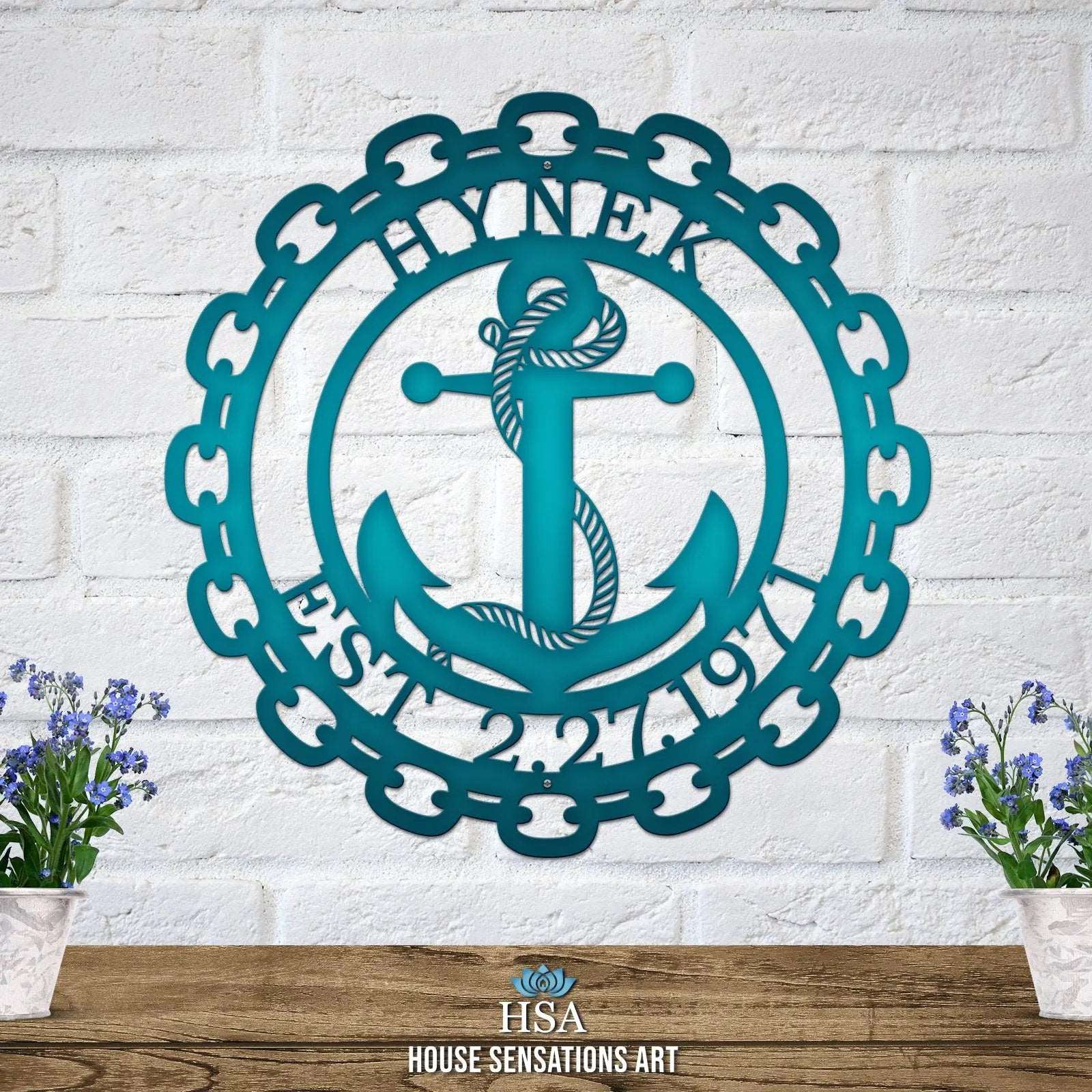 Personalized metal address plaque with anchor and chain design, perfect for beach house or boat dock