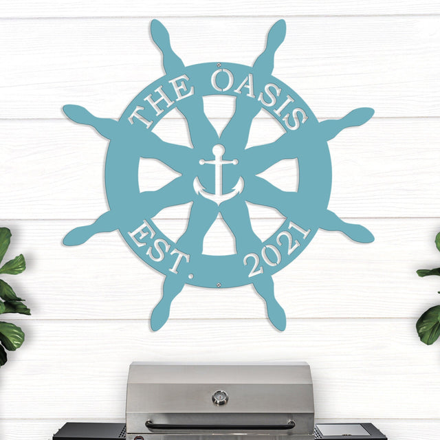 Nautical Captain's Ship Wheel Metal Door Hanger, Custom Metal Sign for Beach House, Personalized Family Name Sign, Personalized Boater Gift HouseSensationsArt
