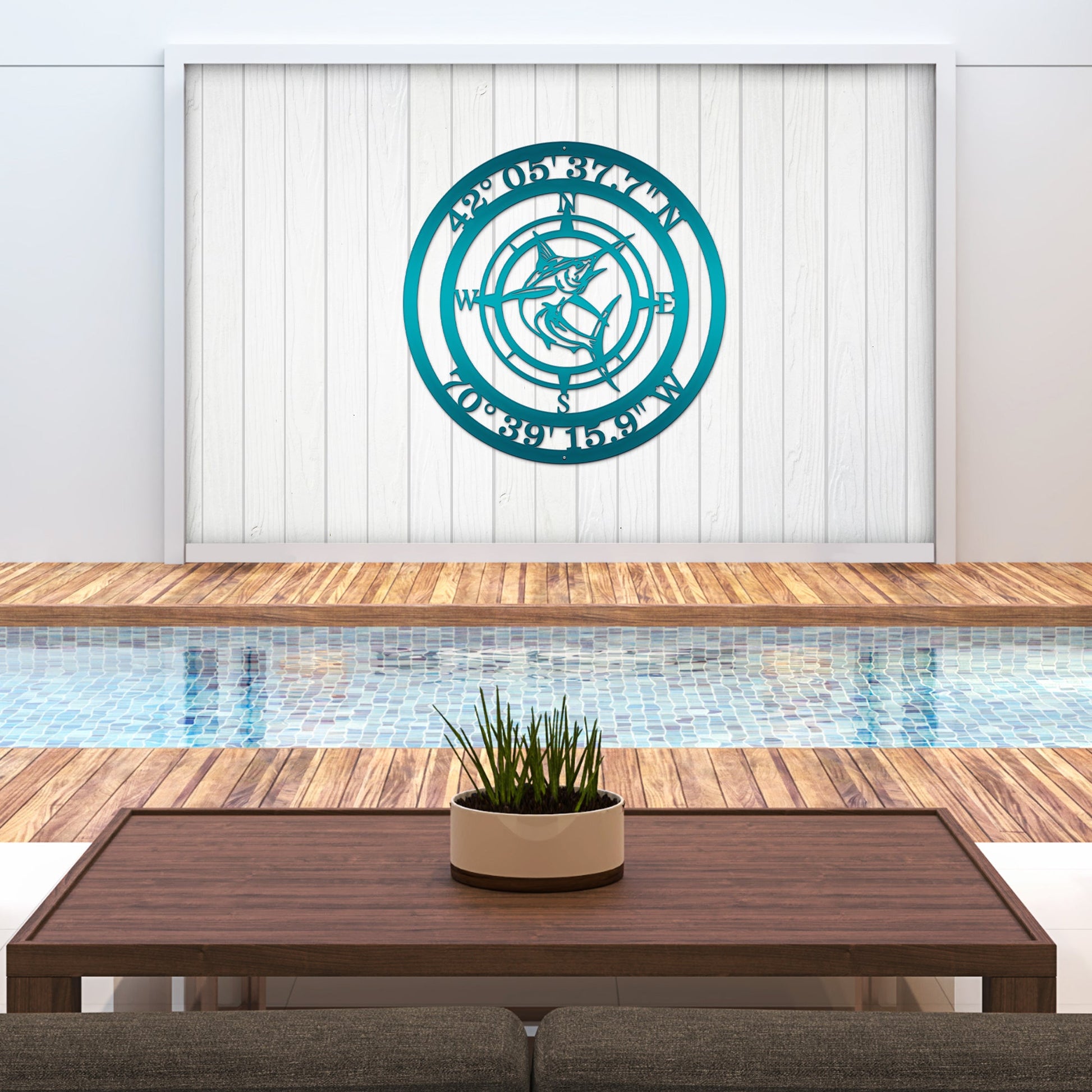 Nautical marlin compass sign with coordinates, perfect for beach house metal wall decor