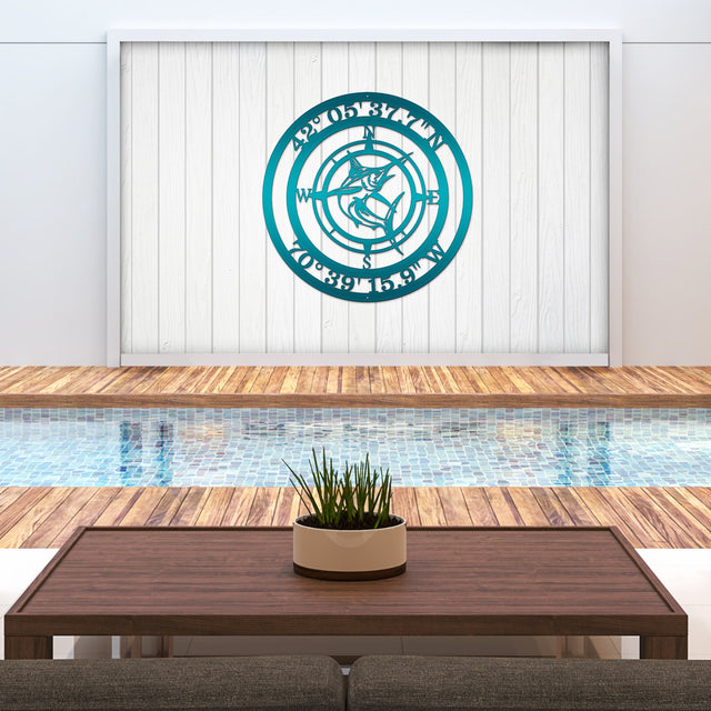 Nautical marlin compass sign with coordinates, perfect for beach house metal wall decor