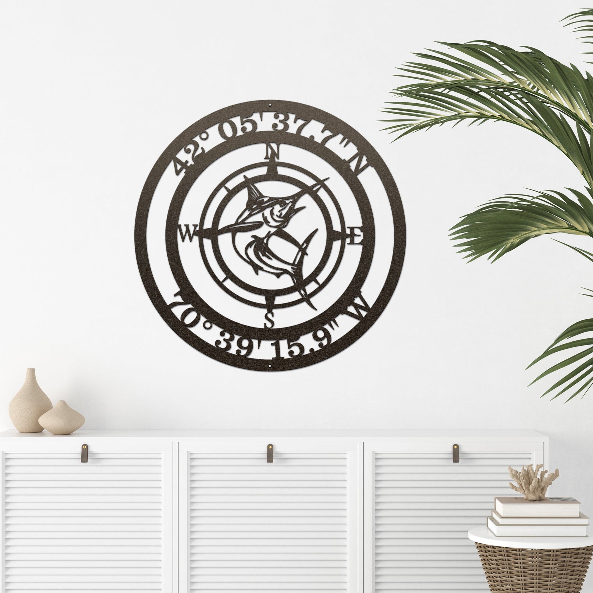Nautical marlin metal compass plaque with GPS, elegant coastal housewarming gift