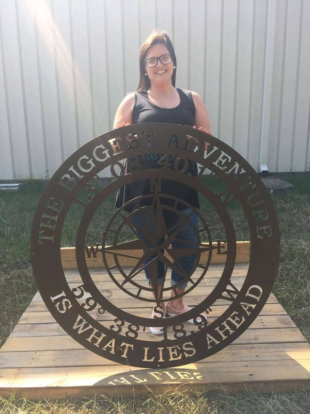 Personalized nautical metal sign with compass and inspirational quote wall art