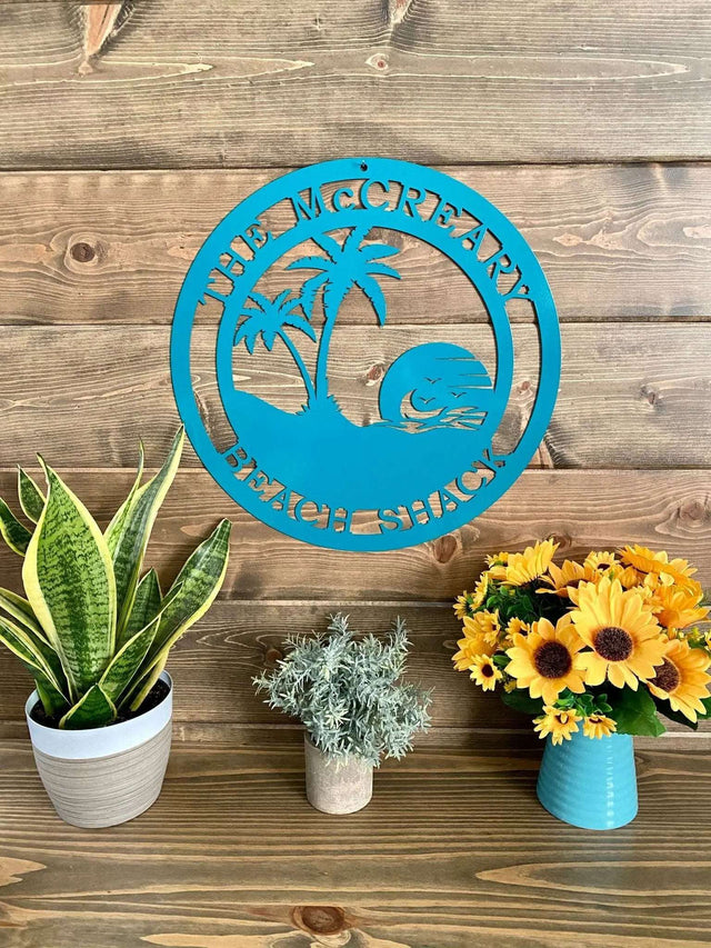 Sunset ocean view metal sign with personalized text coastal decor for vacation homes