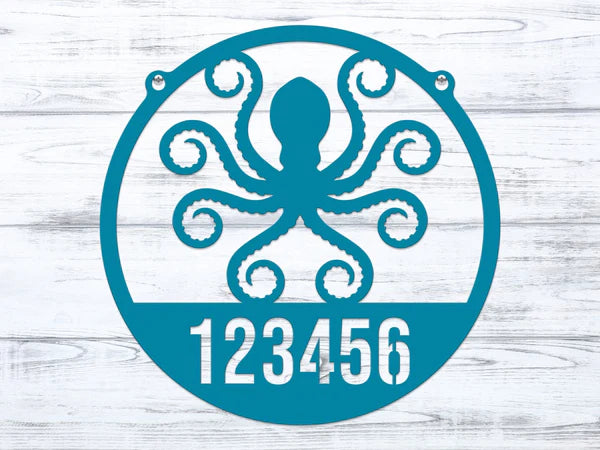 Round turquoise Address Sign with custom metal house number '123456' and detailed octopus design at the center.