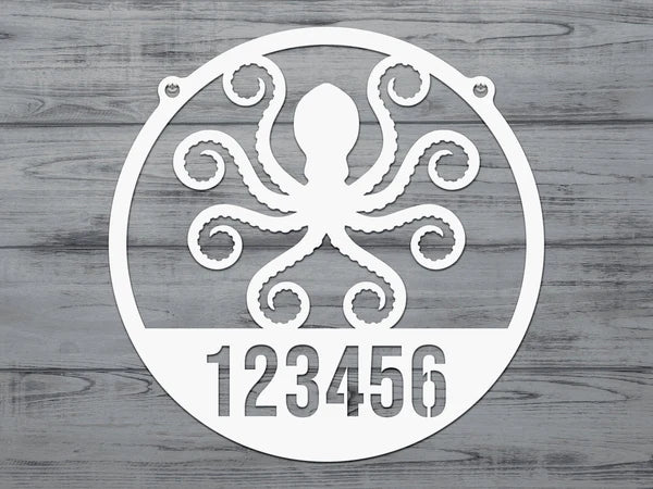 Round white Address Sign with custom metal house number '123456' and detailed octopus design at the center.