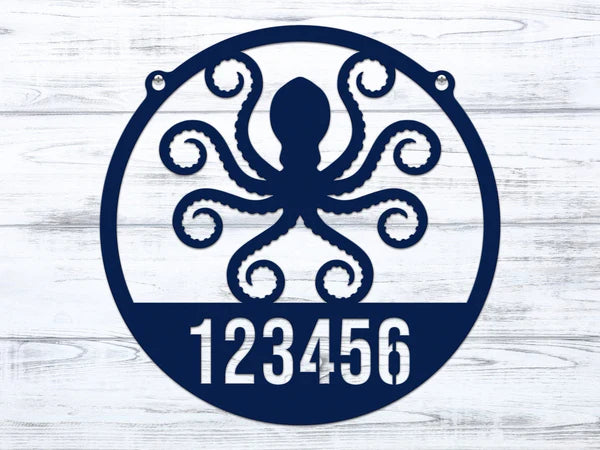 Round Navy Blue Address Sign with custom metal house number '123456' and detailed octopus design at the center.