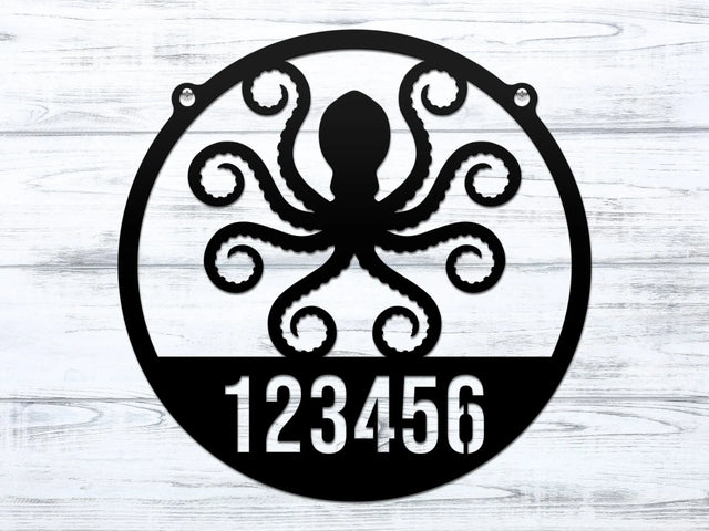 Round black Address Sign with custom metal house number '123456' and detailed octopus design at the center.