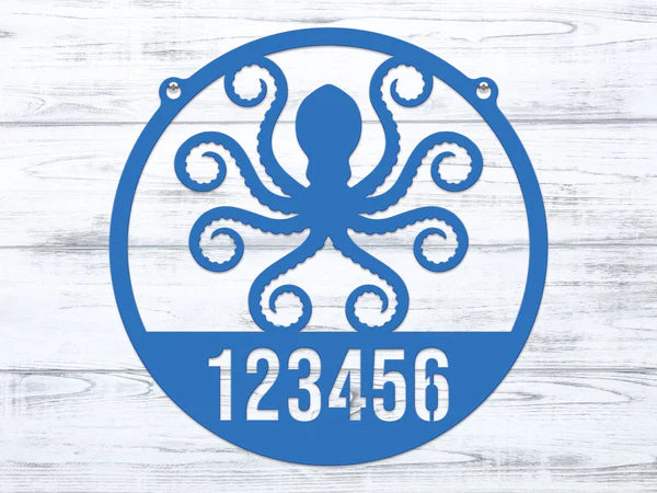 Round panther blue Address Sign with custom metal house number '123456' and detailed octopus design at the center.
