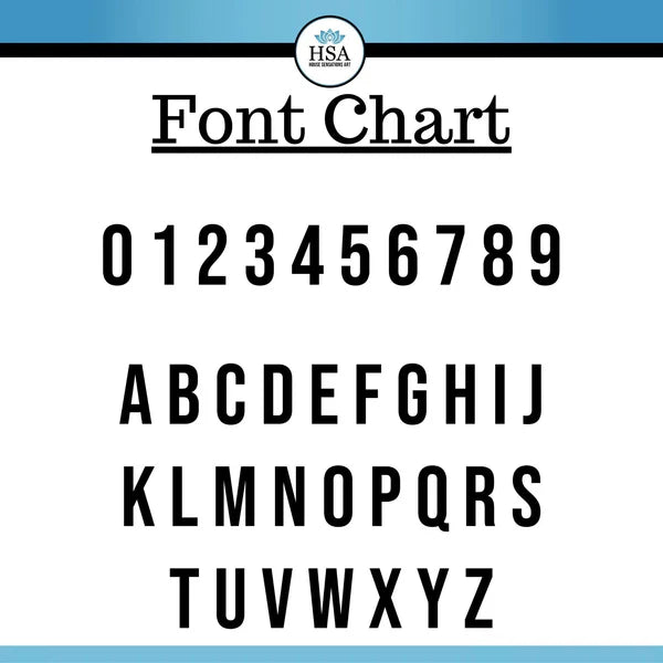 Font chart showing numbers 0–9 and letters A–Z for previewing custom text.