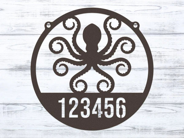 Round oil rubbed bronze Address Sign with custom metal house number '123456' and detailed octopus design at the center.
