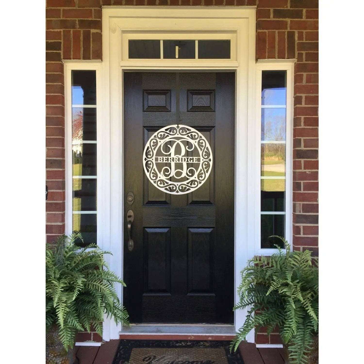 Oil-rubbed bronze Mosaic Monogram Wreath – custom text metal door hanger for year-round entryway decor.