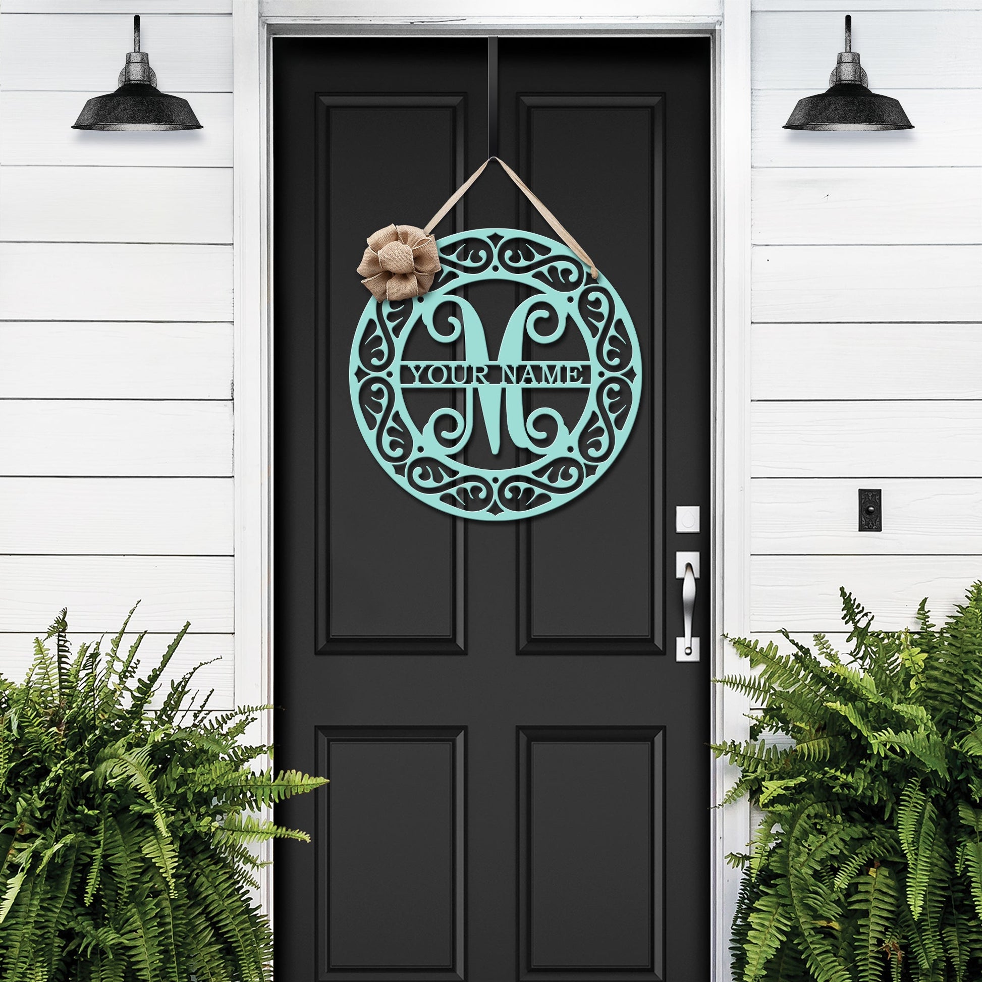 Oil-rubbed bronze Mosaic Wreath with custom name and initial – elegant personalized metal door decor.