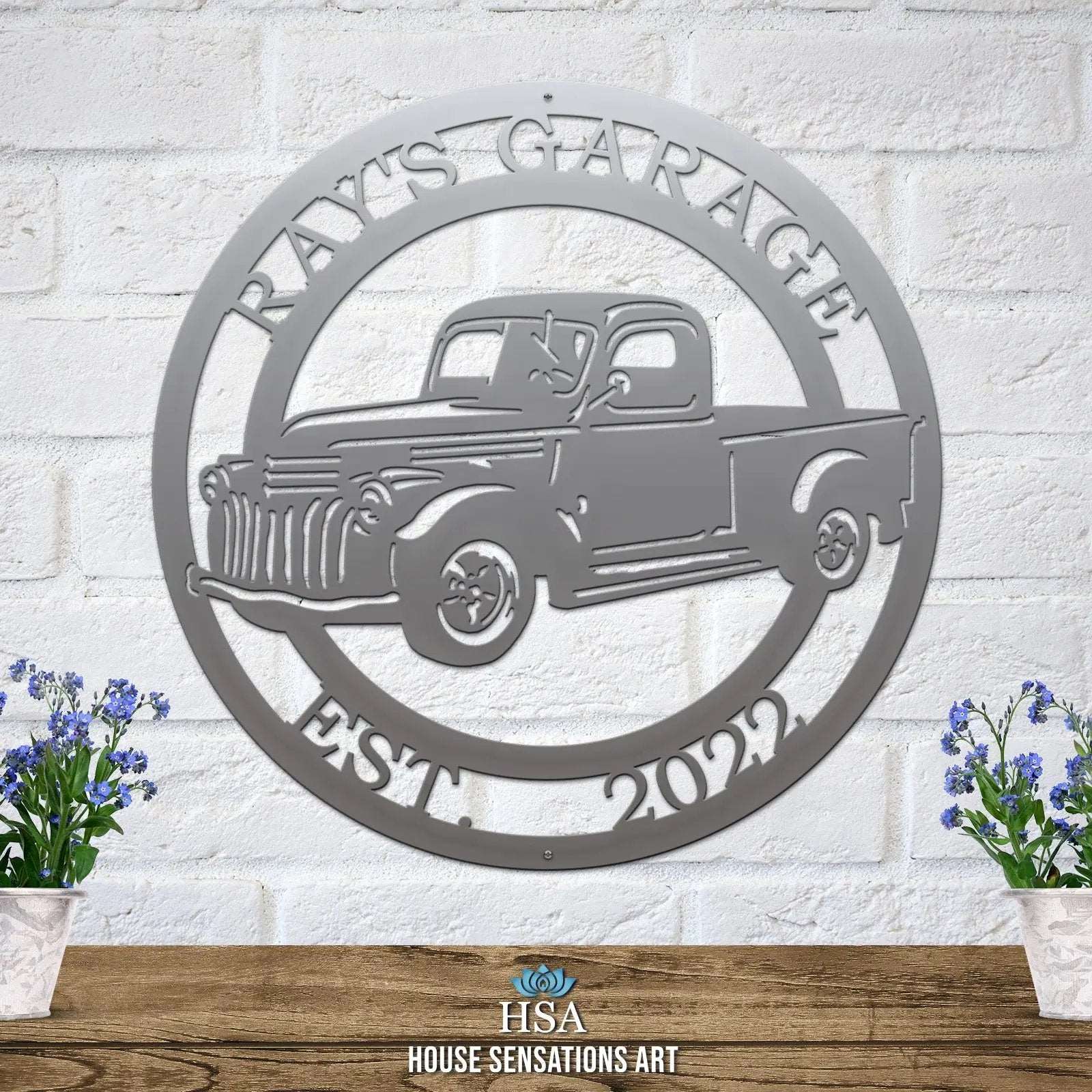 Old Chevy signs for outdoor decor – personalized metal plaque featuring vintage truck design and custom name