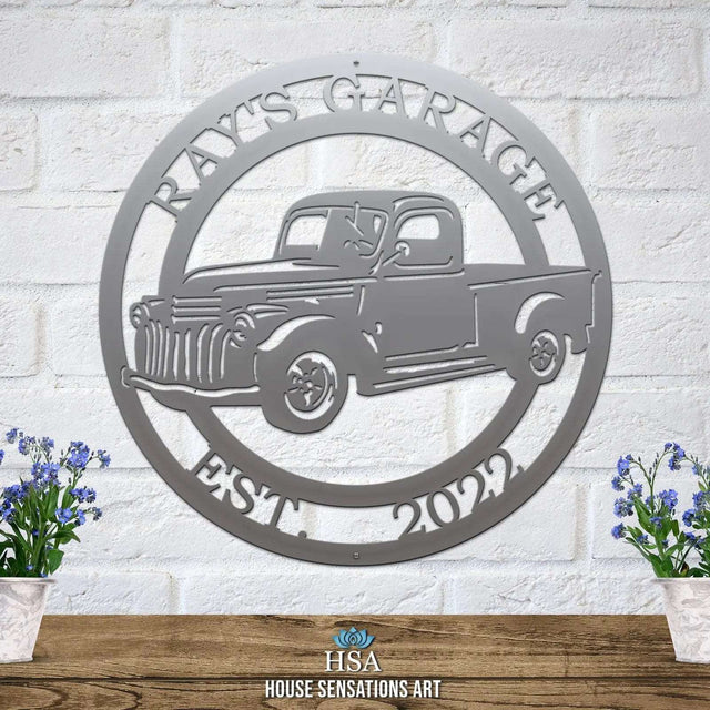 Old Chevy signs for outdoor decor – personalized metal plaque featuring vintage truck design and custom name